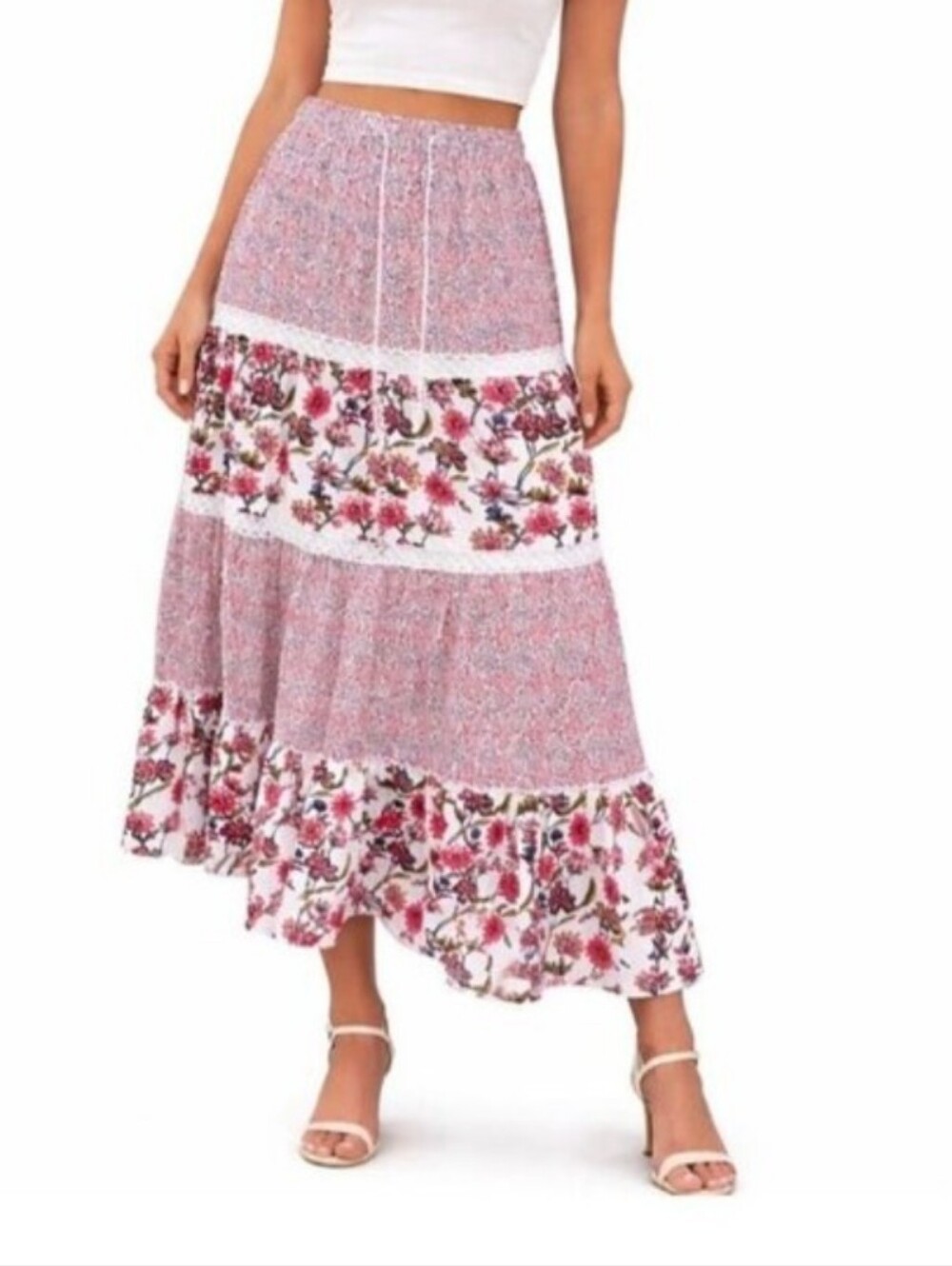 Solitaire Floral Tiered Cotton Maxi Skirt Pink & White Long Boho Gypsie Ruffle